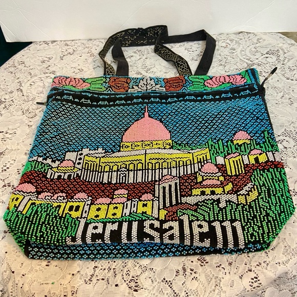 Vintage, Jerusalem, Colorful Beaded Tote Handbag 14in L x 12in H x 3.5in W - Picture 7 of 12